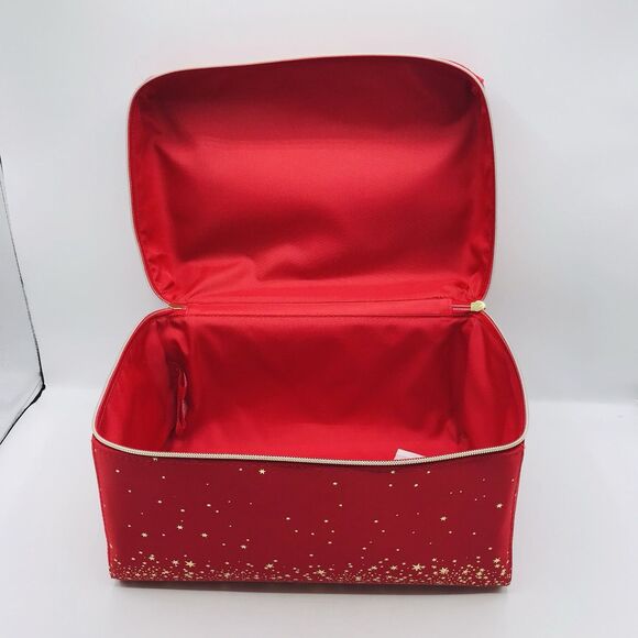 Estee Lauder Red w Gold Train Case Travel Bag Makeup Cosmetic Zipper with Handle - Picture 7 of 9
